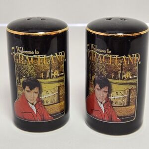 Elvis Presley Black Salt‎ And Pepper Shakers Graceland Gold Trim Collectible